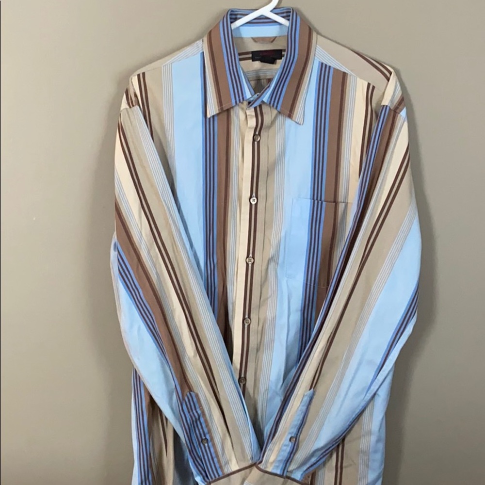 Blue and cream striped long-sleeve shirt